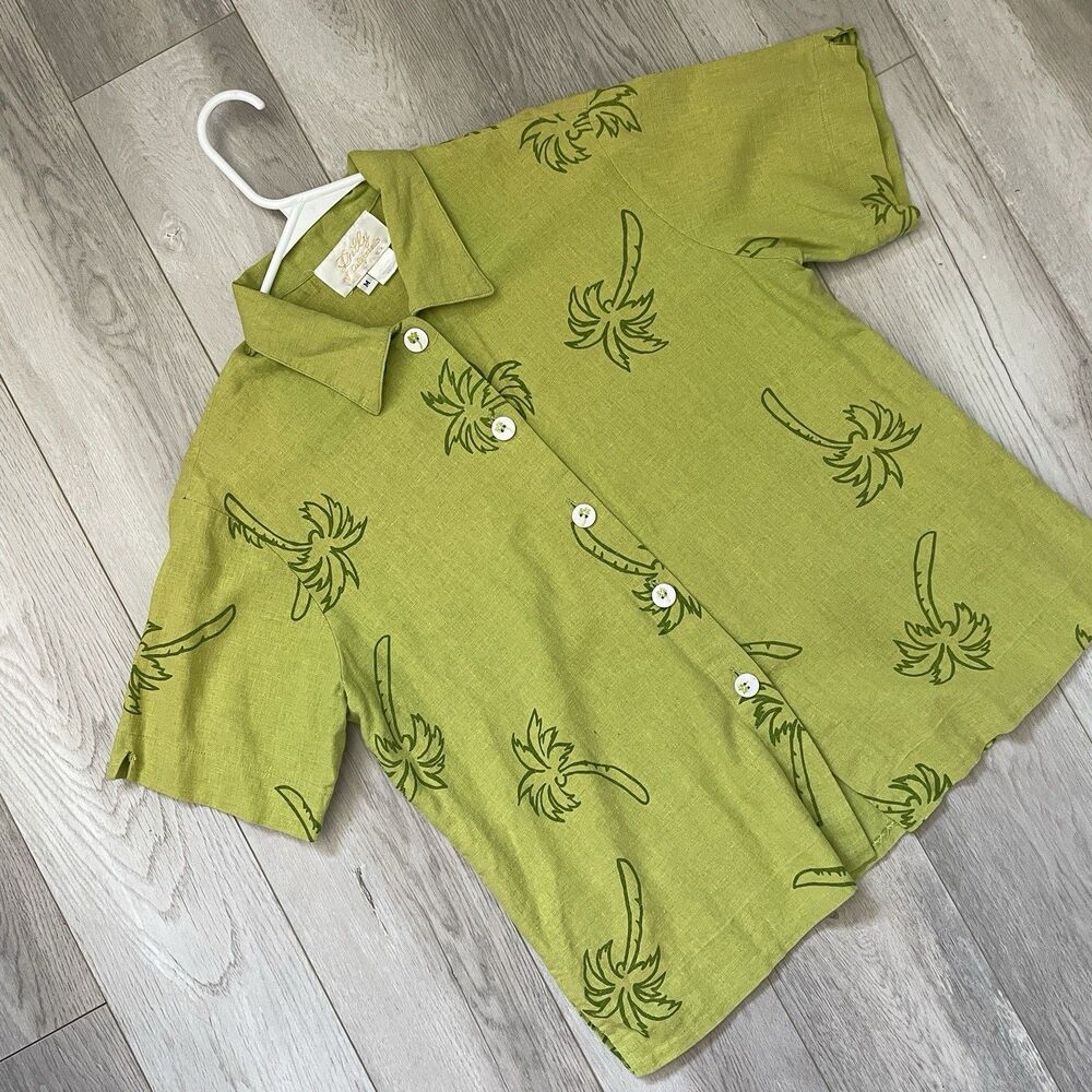 Linen Buttonup Shirt palm tree print womens Green (medium) resortwear vacation
